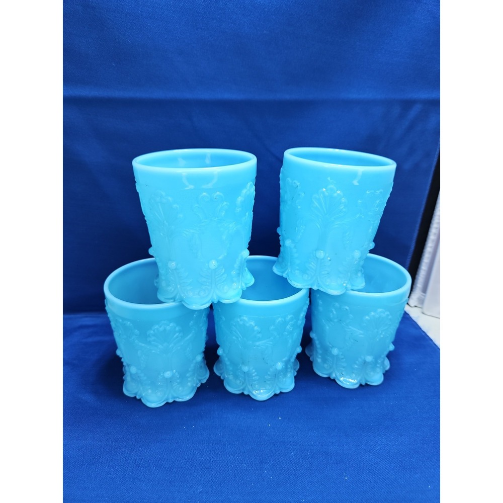 5 French Saint-Louis Glass Tumblers Gothic Revival Blue Opaque Antique 1840s